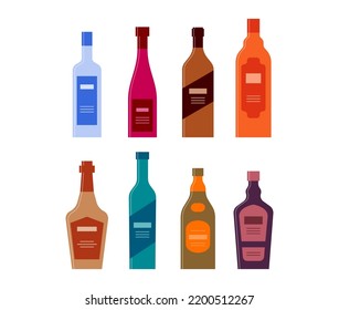 Set bottles of vodka wine rum balsam whiskey gin brandy liquor. Icon bottle with cap and label. Graphic design for any purposes. Vector flat style. Color form. Party drink concept. Simple image shape.