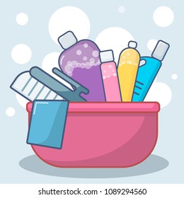 set of bottles and washing instruments with washing detergents in a bucket flat lay vector illustration