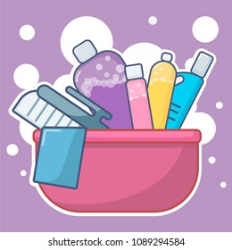 set of bottles and washing instruments with washing detergents in a bucket flat lay vector illustration