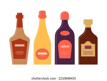 Set bottles of whiskey, champagne, liquor, rum. Icon bottle with cap and label. Great design for any purposes. Flat style. Color form. Party drink concept. Simple image shape. Vector.
