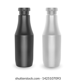 Set of bottles. White and black plastic container for Ketchup or mustard, nutritional supplements. Illustration isolated on white background, Vector EPS 10