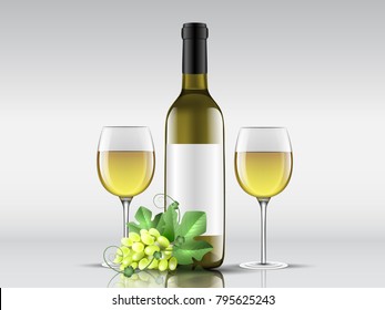 Set of bottles of white wine and a glass of wine. Vector illustration.