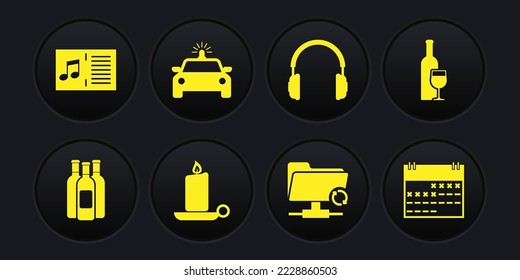 Set Bottles of wine, Wine bottle with glass, Burning candle candlestick, FTP sync refresh, Headphones and Police car flasher icon. Vector