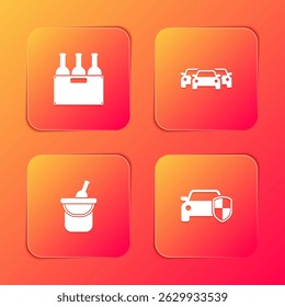 Set Bottles of wine in box, Cars, bucket and protection or insurance icon. Vector