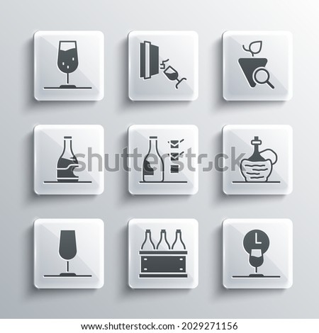 Set Bottles of wine in box, Wine time, italian fiasco bottle, glass,  and Grapes icon. Vector