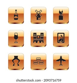 Set Bottles of wine, Frog legs, Macaron cookie, Notre Dame, Wine glass, Woman dress, Plane and Windmill icon. Vector