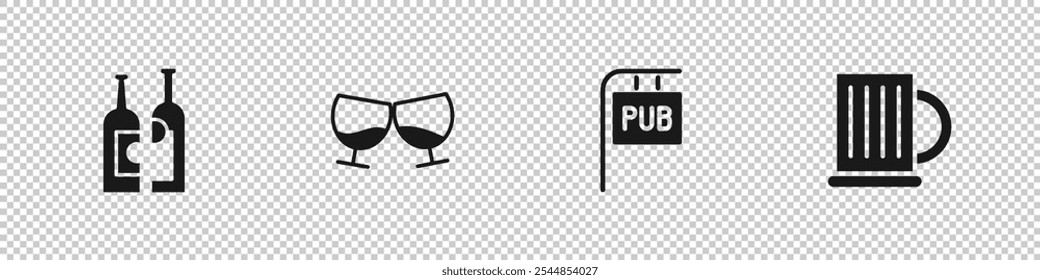 Set Bottles of wine, Glass cognac or brandy, Street signboard with Pub and Wooden beer mug icon. Vector