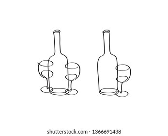 Set of bottles of wine and glasses. Hand drawn elements. Black and white. Vector illustration.