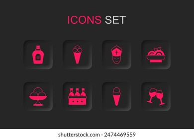 Set Bottles of wine, Ice cream waffle, Perfume, Pasta spaghetti, Wine glass, Pope and the bowl icon. Vector