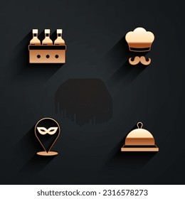Set Bottles of wine, Italian cook, Carnival mask and Covered with tray food icon with long shadow. Vector