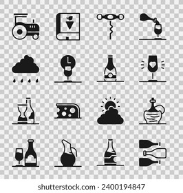 Set Bottles of wine, Wine italian fiasco bottle, glass, corkscrew, time, Cloud with rain, Tractor and Champagne icon. Vector