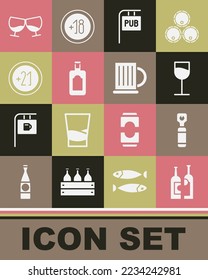 Set Bottles of wine, opener, Wine glass, Street signboard with Pub, Whiskey bottle, Alcohol 21 plus, Glass cognac or brandy and Wooden beer mug icon. Vector