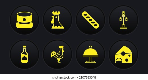 Set Bottles of wine, Street light, French rooster, Covered with tray, baguette bread, Cheese and Kepi icon. Vector