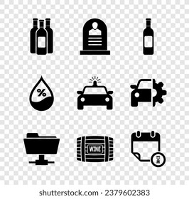 Set Bottles of wine, Tombstone with RIP written, , FTP folder, Wooden barrel for and Calendar and clock icon. Vector