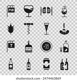Set Bottles of wine, Vodka with pepper and glass, Pickled cucumber on fork, Saloon door, Wine corkscrew, Hop, Street signboard Pub and Glass champagne icon. Vector
