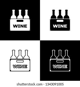 Set Bottles of wine in a wooden box icons isolated on black and white background. Wine bottles in a wooden crate icon. Line, outline and linear icon. Vector Illustration