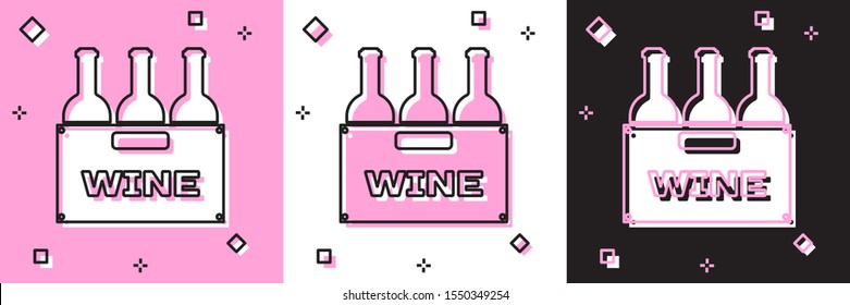 Set Bottles of wine in a wooden box icon isolated on pink and white, black background. Wine bottles in a wooden crate icon.  Vector Illustration