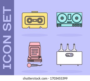 Set Bottles of wine in a wooden box , Retro audio cassette tape , Karaoke  and DJ remote for playing and mixing music  icon. Vector