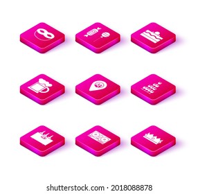 Set Bottles of wine in a wooden box, DJ remote for playing and mixing music, Wooden beer mug, Alcohol bar location, Crown, Wine glasses stacked pyramid tower, Cake and Lollipop icon. Vector