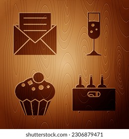Set Bottles of wine in a wooden box , Envelope with invitation card , Muffin  and Glass of champagne  on wooden background. Vector