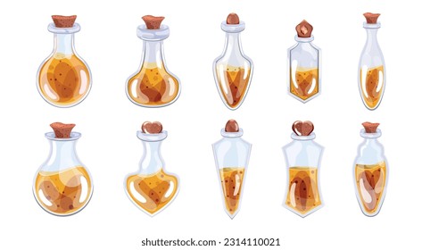 Conjunto de botellas con poción amarilla y tapón al estilo de dibujos animados. aislado. Ilustración de material vectorial. Elementos para juegos. Fondo blanco. Cuentos de hadas. Halloween y festividades. belleza y moda