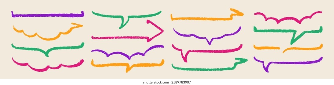 Set of bottom part of comic speech bubbles drawn with organic texture. Text boxes with chalk and crayon texture . Color vector illustration in retro style.