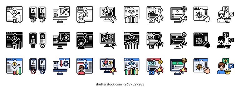 Conjunto de colección de iconos de tasa de rebote. con estilo de contorno, glifo y línea plana. Contiene pruebas, página de destino, información personal, lanzamiento de la campaña, origen del tráfico.