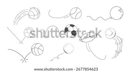 Set Bounced ball comic manga effect, doodle line hand drawn ball jump trajectory, ball motion expression. Sketch movement.