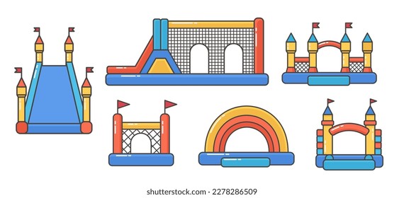 Set of bouncy inflatable castles. Tower and equipment for child playground. Vector color line illustration