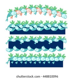 Set boundaries of the fish to the edge design. Serving fish on the edge of the leaves. Vector illustration isolated.