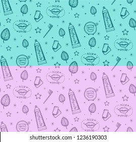 Set of boundless pattern on dental theme. Hand drawn dental symbols. Toothpaste, toothbrush, nice smile, mint leaves, bubblegum, dental floss. Vector.