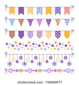 Set of bounting flags, stars and circles decorative elements on white background. Collection for birthday greeting cards and scrapbooking. Vector illustration.