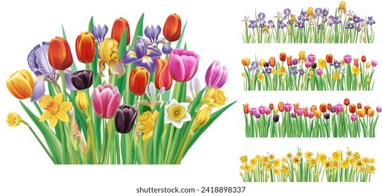 Set of bouquet and banners with spring flowers, Spring botanical vector illustration on white background