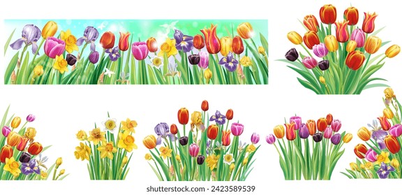 Set of bouquet and banners with spring flowers, Spring botanical vector illustration on white background