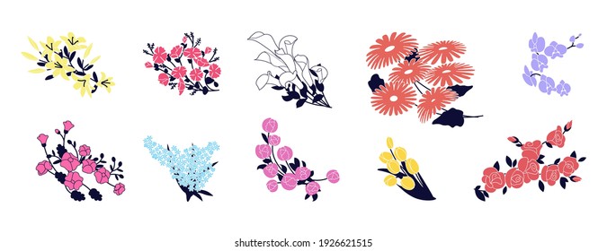 Juego de ramos de flores florecientes a regalo. Colección de elementos decorativos florales, conjuntos de flores coloridas aisladas en un fondo blanco. Ilustración de Vector de arte plano