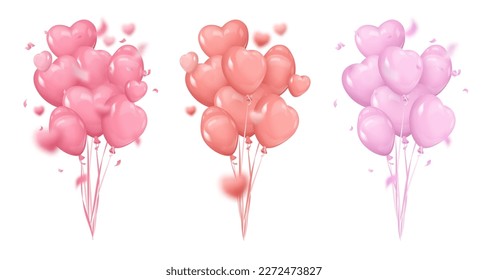 Set of bouquet, bunch of realistic balloons, hearts, ribbons. Vector illustration for Valentine's Day, card, party, design, flyer, poster, decor, banner, web, advertising. 