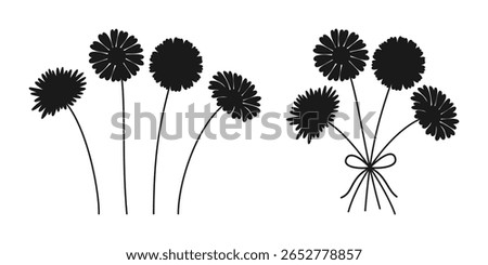 Set of bouquet, dahlia and aster flower silhouettes in black color on white background. Bunches of delicate wildflowers. Vector illustration for design projects