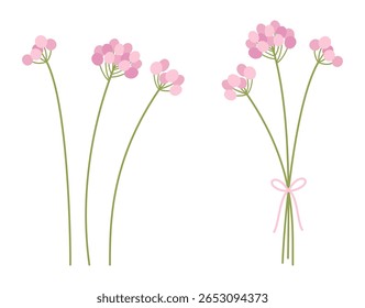 Set of bouquet and elements, inflorescences mimosa, pink flower silhouettes, and green stems. White background. Bunches of delicate wildflowers. Vector illustration for design projects