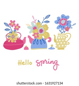 Set of bouquet of flower in the teapot set. Spring doodle flower. Teatime collection. Concept of tree teapots and cute flowers in flat vector style with hand lettering