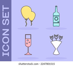 Set Bouquet of flowers , Balloons with ribbon , Glass of champagne  and Beer bottle  icon. Vector
