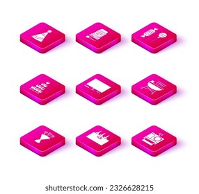 Set Bouquet of flowers, Bottles wine in a wooden box, Wine glasses stacked pyramid tower, Video game console, Photo camera, Barbecue grill, Lollipop and Karaoke icon. Vector