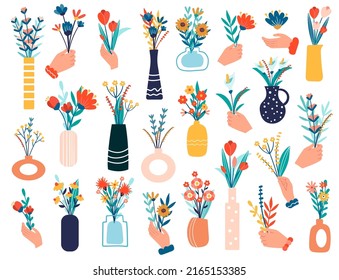 Set of bouquet of flowers. Doodle wildflowers in vases or hand isolated on white background. Spring or summer outline cute bouquets collection for wedding design. Vector illustration