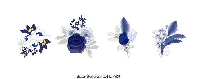 Set of bouquet flowers elements isolate on white background