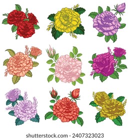 Set of Bouquet Flowers Multicolored Roses with Leaves