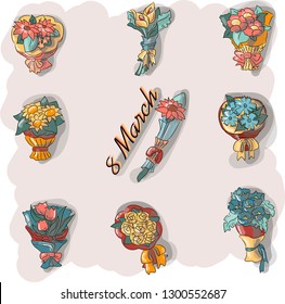 Set of bouquet icons for cards on the 8 March