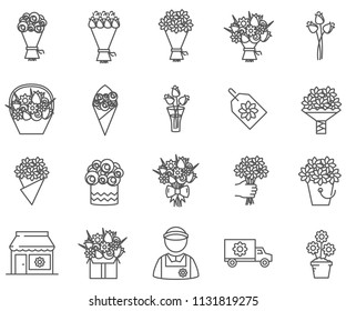 Set of bouquet Related Vector Line Icons. Includes such Icons as flowers, roses, delivery, present and more.