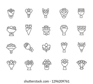 Set of bouquet Related Vector Line Icons. Contains such Icons as flowers, roses, gift, bouquet of flowers and etc. - Vector 