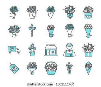 Set of bouquet Related Vector Line Icons. Includes such Icons as flowers, roses, delivery, present and more. - Vector