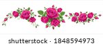 Set of bouquet of roses. Vector illustration, 3 bouquets of pink roses on a white background with leaves. Wreath, garland, border, bunch of beautiful flowers. Hot pink, burgundy, Ruby red colors