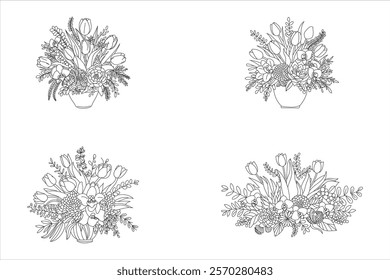 Set of Bouquet of tulips,eucalyptus ,orchids, lilies and succulents.Anti stress coloring book page for adults or children.Outline vector drawing of flowers.Page of floral pattern in black and white